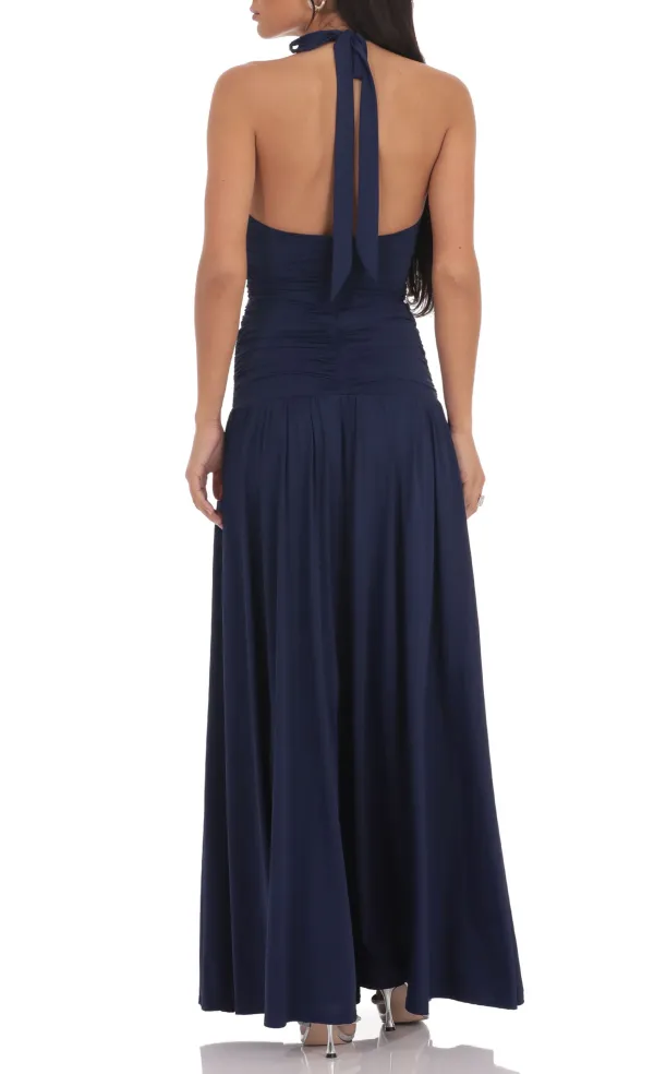 Halter Drop Waist Maxi Dress In Navy