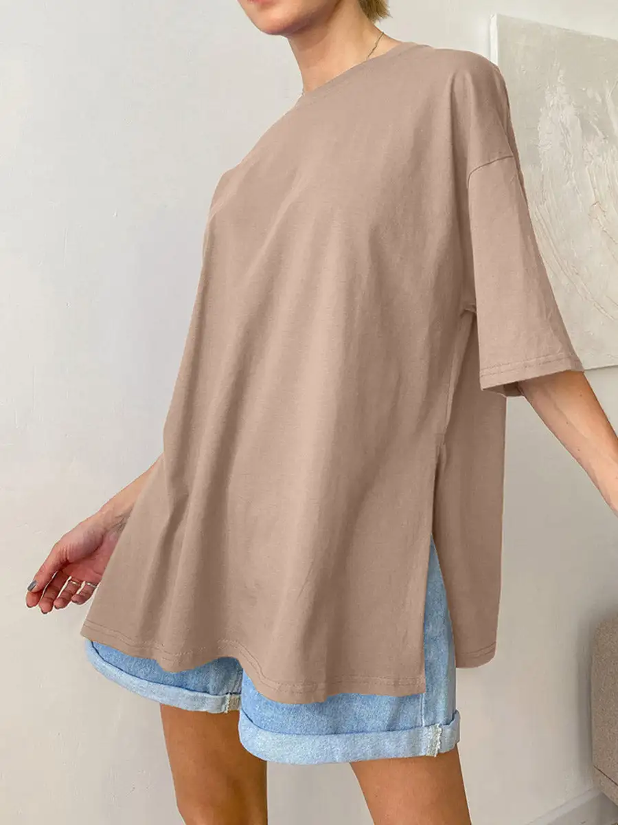 Relaxed Short Sleeve Side Slit Round Neck T-Shirt