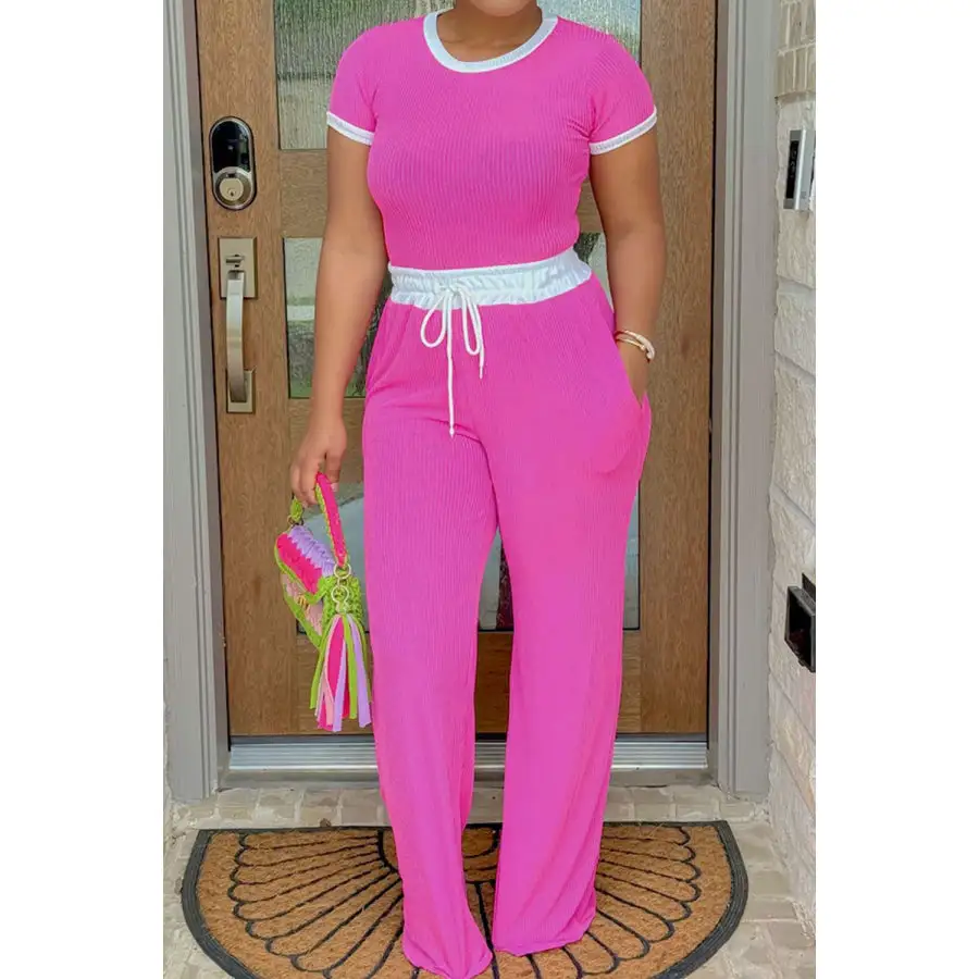 Contrast Trim Round Neck Top and Pants Set