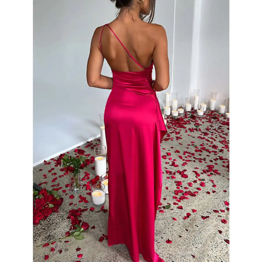One Shoulder Satin Dress with High Slit