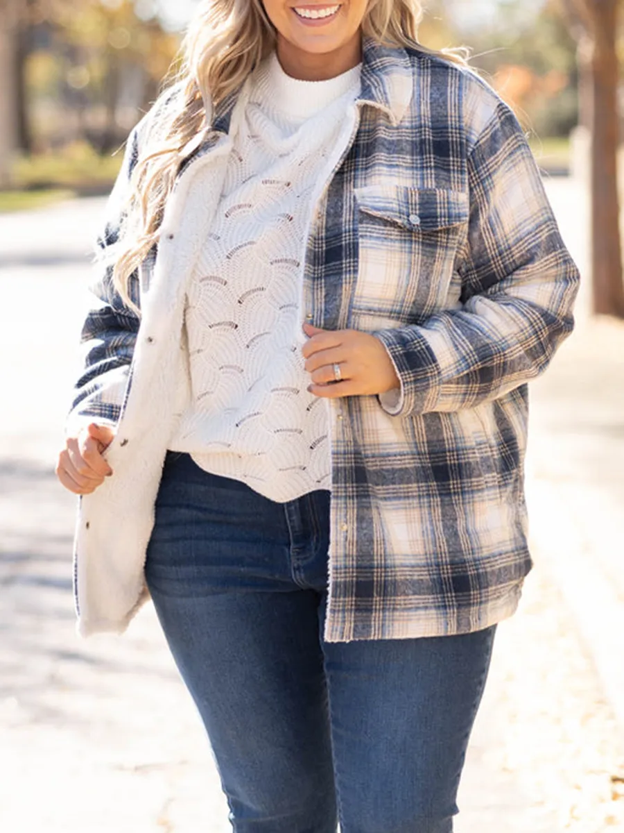 Blue Plaid Pattern Pocket Loose Plush Jacket