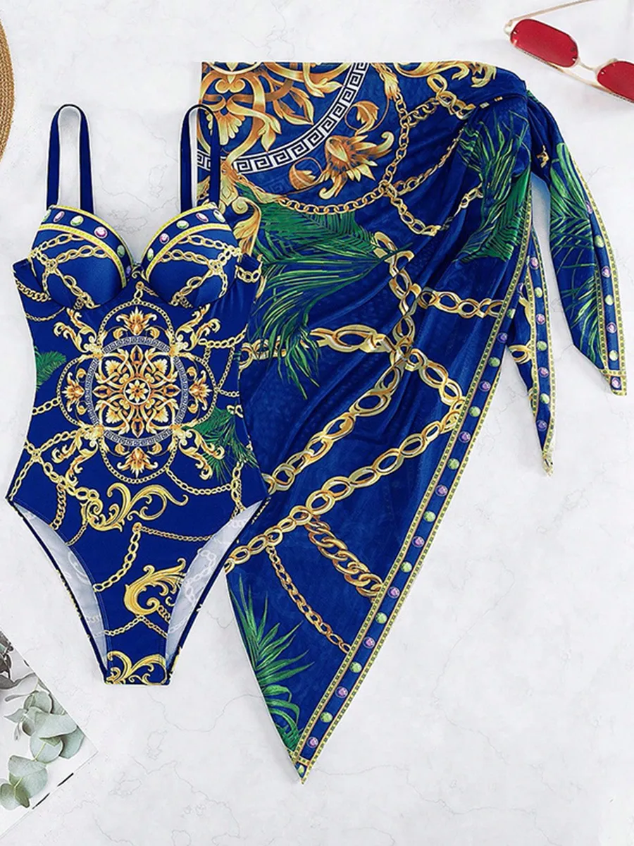 Women's One-Piece Back Printed Bikini Cover-Up Two-Piece Set