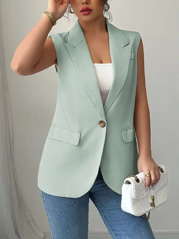 Relaxed Sleeveless Button Front Pocket Notched Collar Blazer Vest