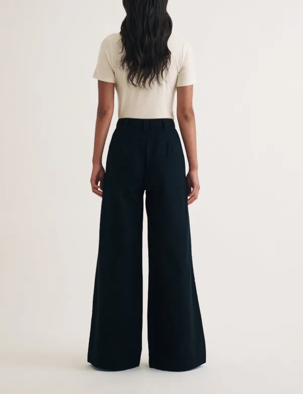 Black Twill Pleated Wide Leg Ava Trousers