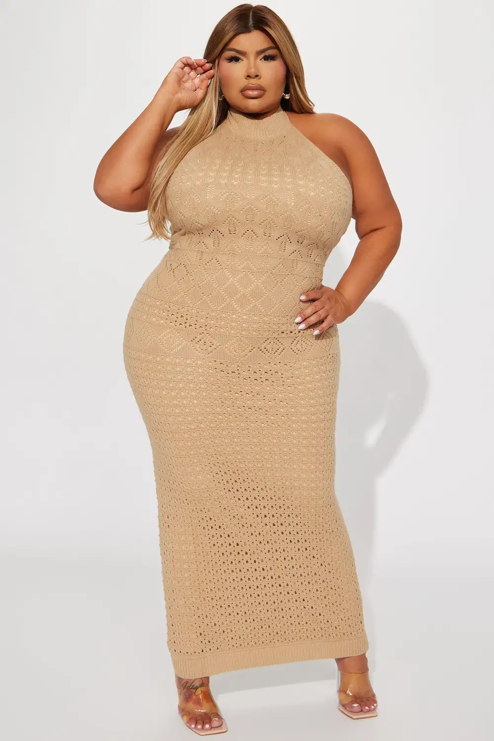Resort Paradise Halter Crochet Maxi Dress - Taupe