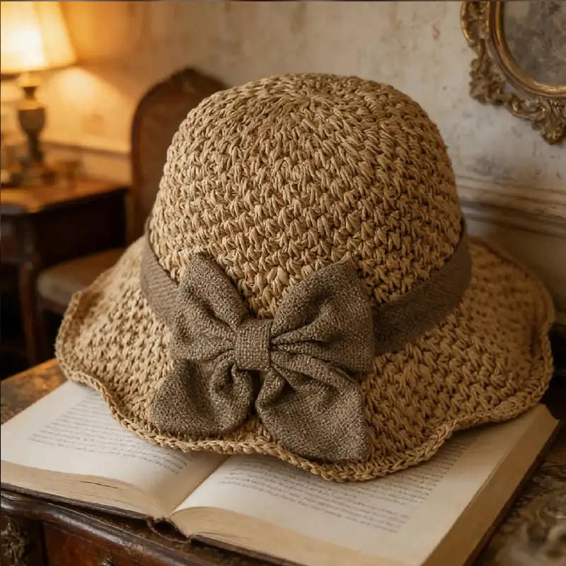 Women's Foldable Wide-Brim Straw Sun Hat – Hand-Knitted Cotton-Linen Blend with Bow Detail (Summer Style)