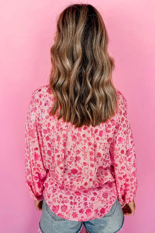 Pink Floral Puff Sleeve Split Neck Lightweight Blouse