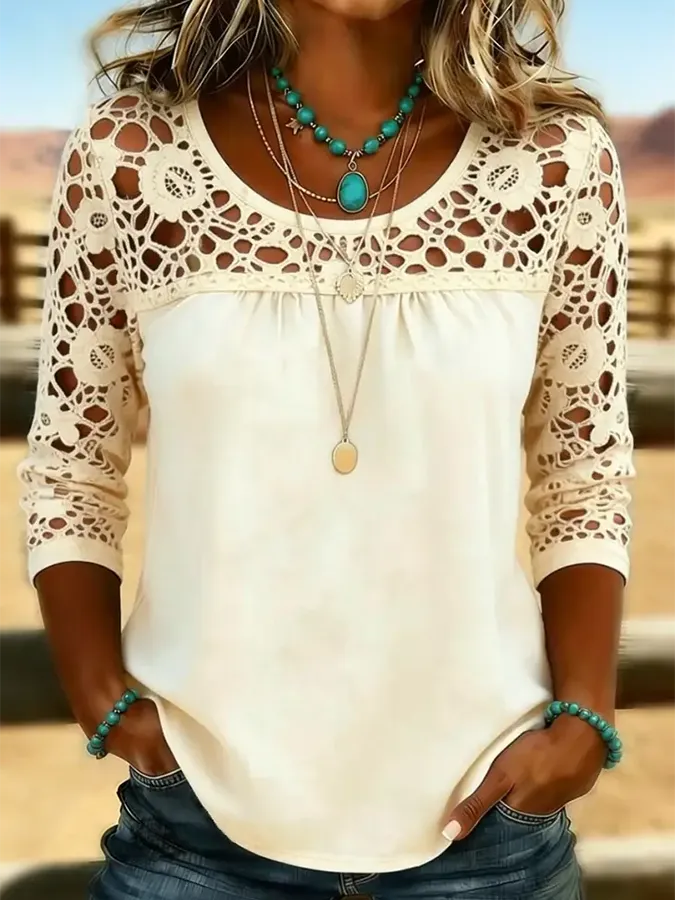 Women's Solid Color Casual Loose Lace Denim Shirt