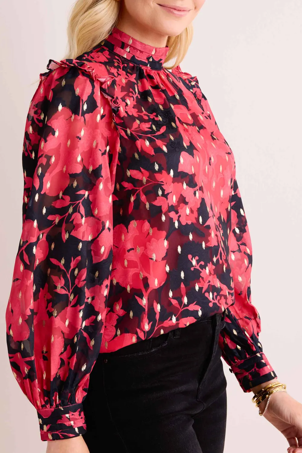 Red Polka Dot Balloon Sleeve High Neck Blouse