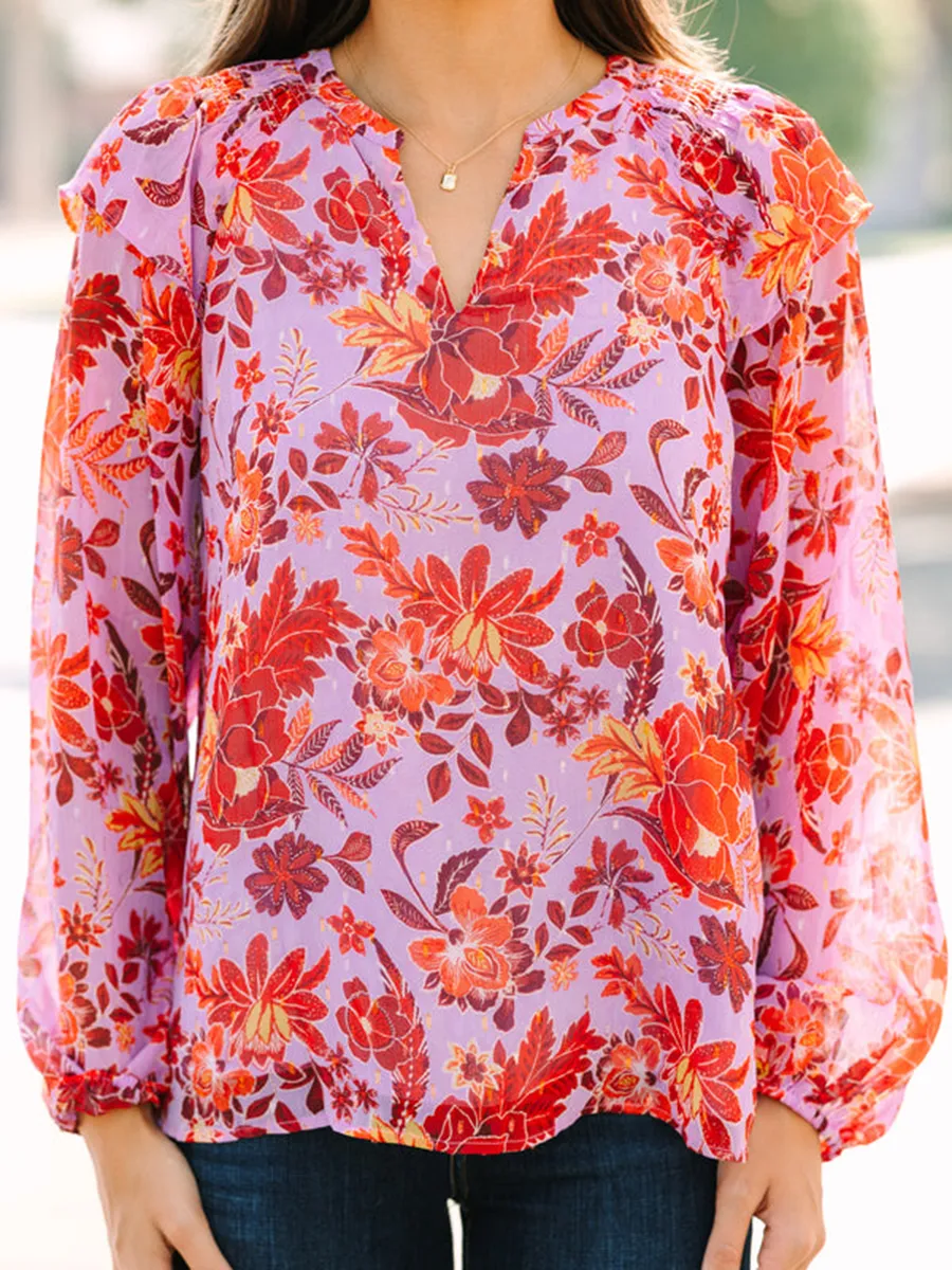 Women's Long Sleeve Floral V-Neck Shirt