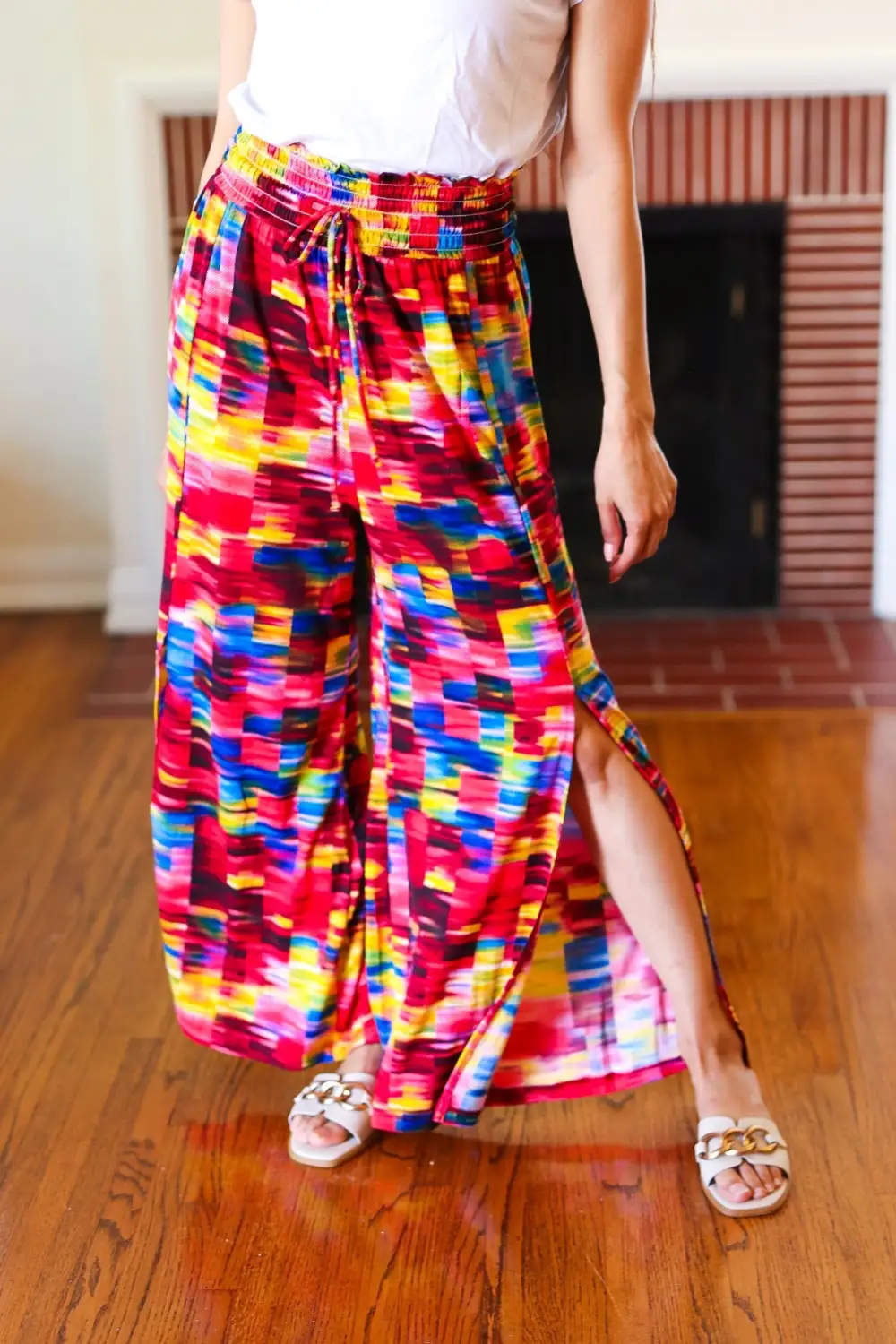 Kaleidoscope Smocked Waist Side Slit Palazzo Pants