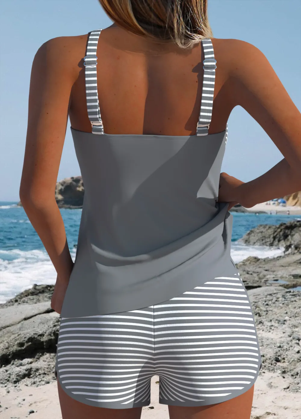 Tummy Coverage Mid Waisted Striped Navy Tankini Set
