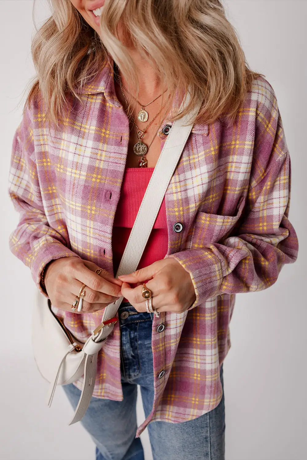 Anette® | Casual chic pink checked shirt jacket