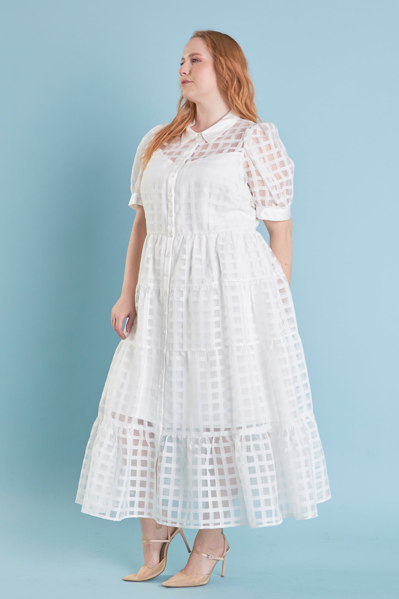 Gridded Organza Tiered Maxi Dress