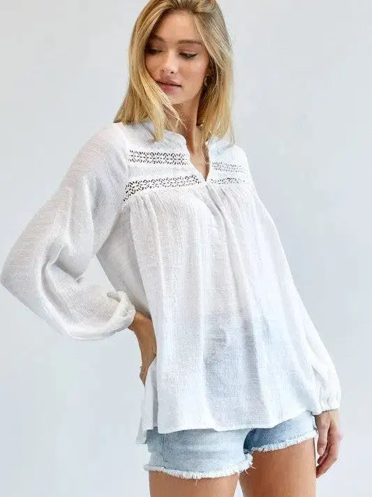 Joy in the Little Things V-cut Long Sleeve Casual White Blouse