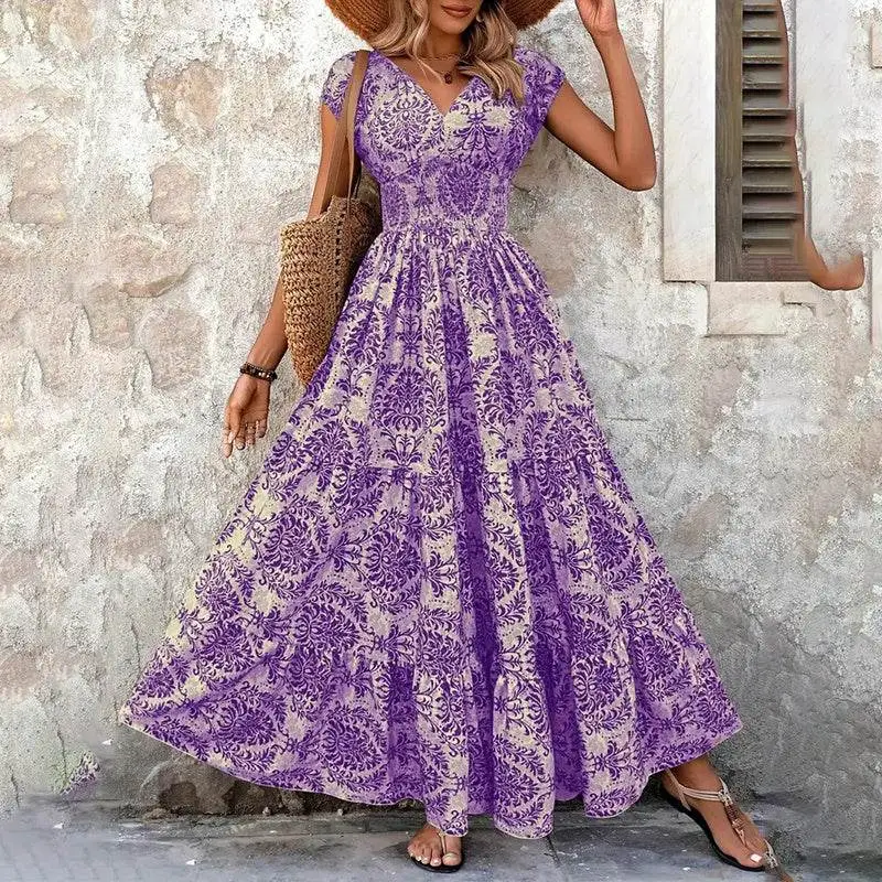 Flowy Printed V Neck Maxi Dress