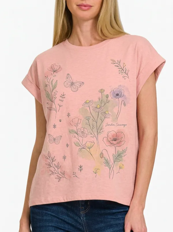 Women's Botanical Butterfly Floral Watercolor Printed T-shirt