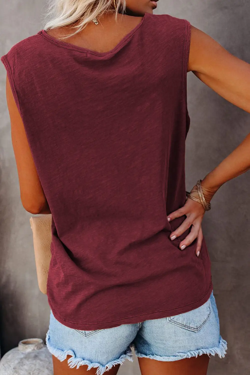 Snap Buttons Scoop Neck Tank With Pocket Top
