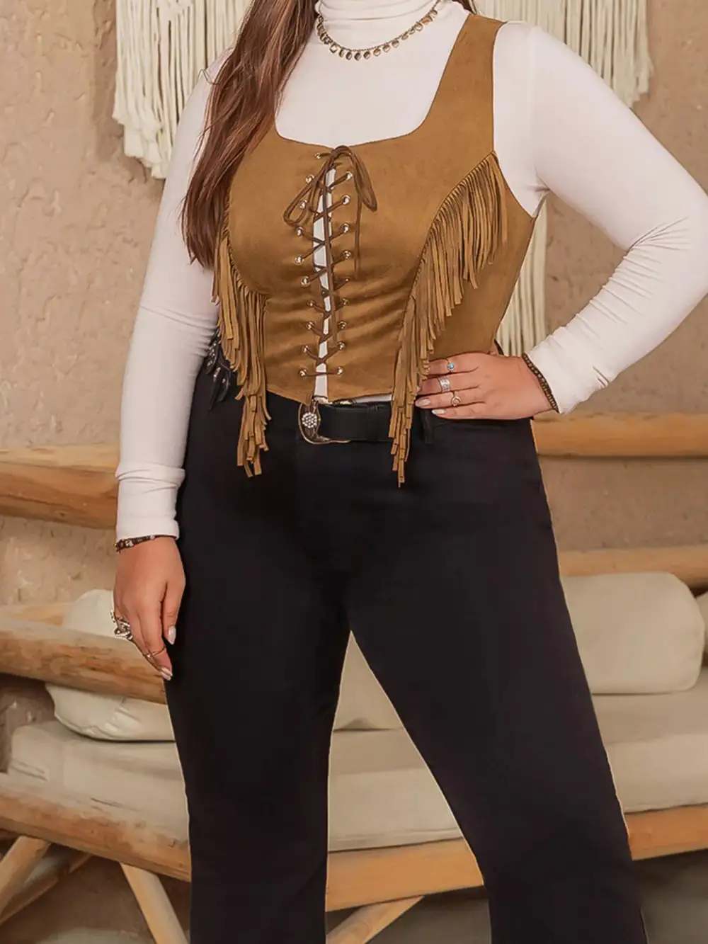 Plus Size Fringed Lace-Up Suede