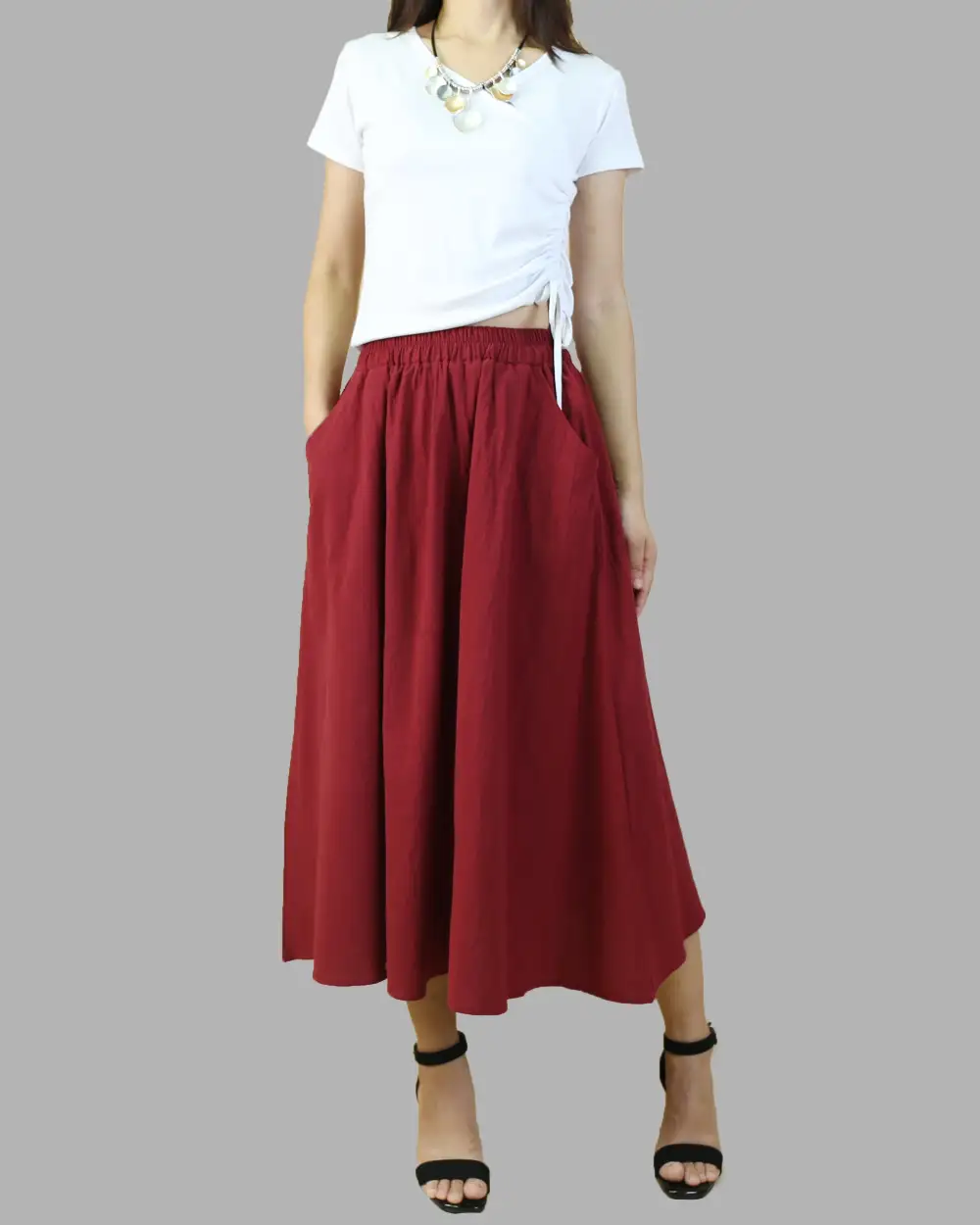 Relaxed Boho Linen Flared Midi Skirt