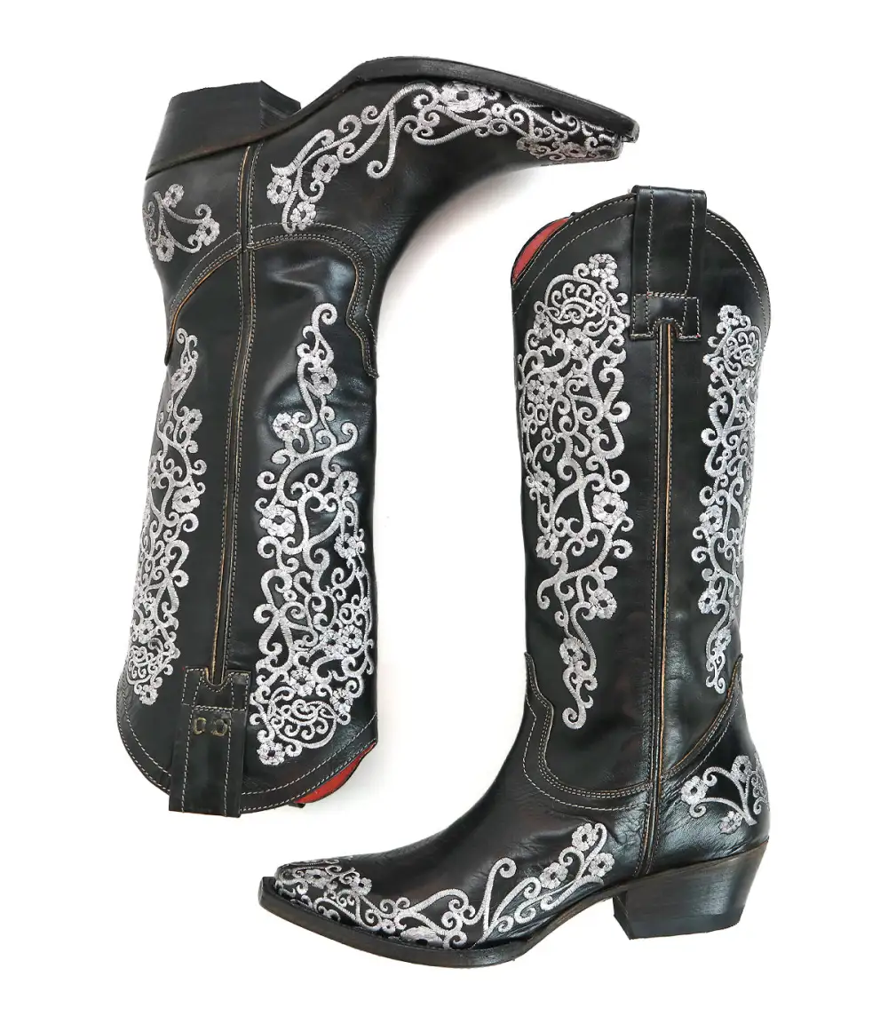 Floral-Stitched Slip-On Western Boots