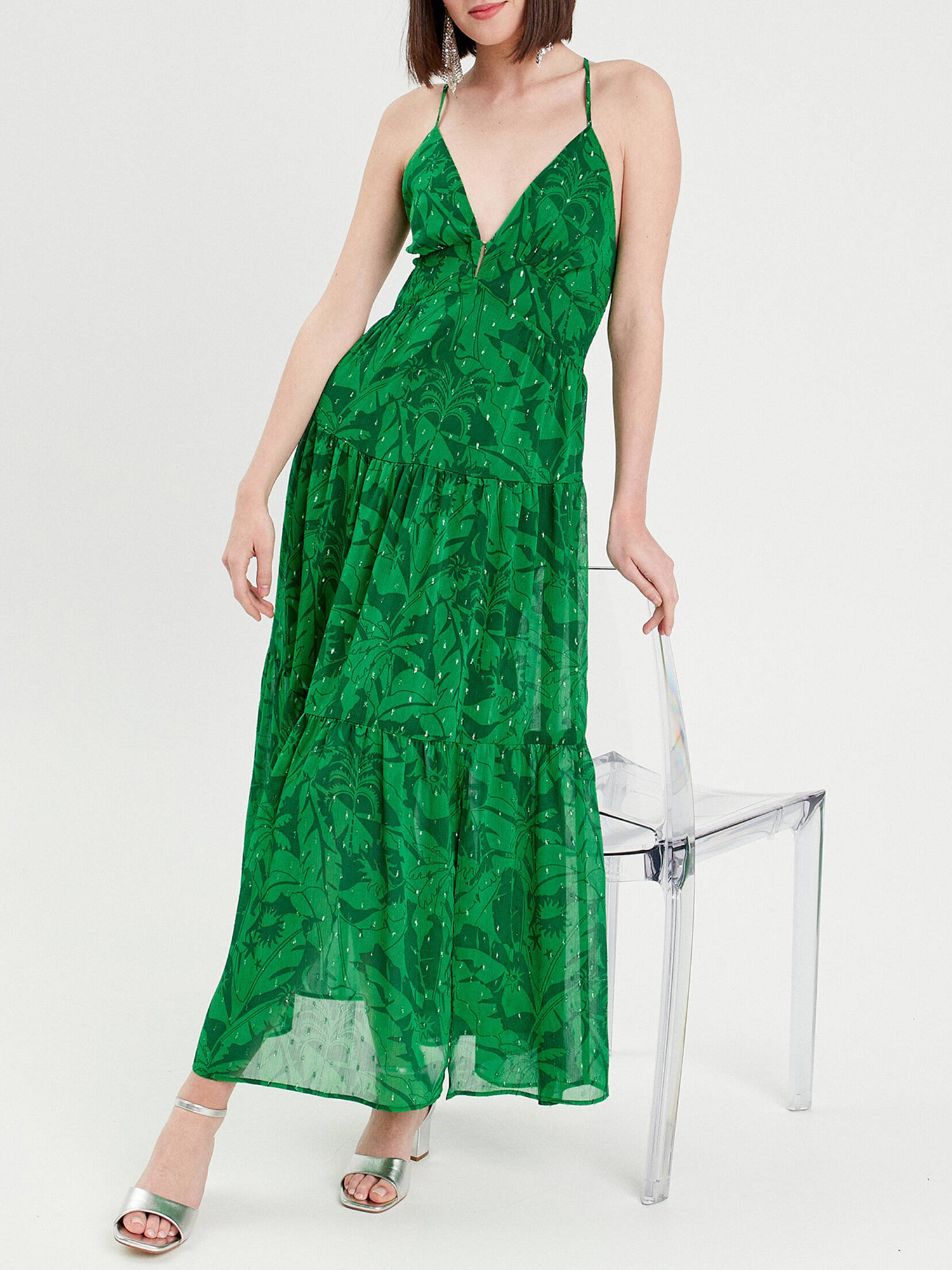 Robe longue évasée bretelles vert femme