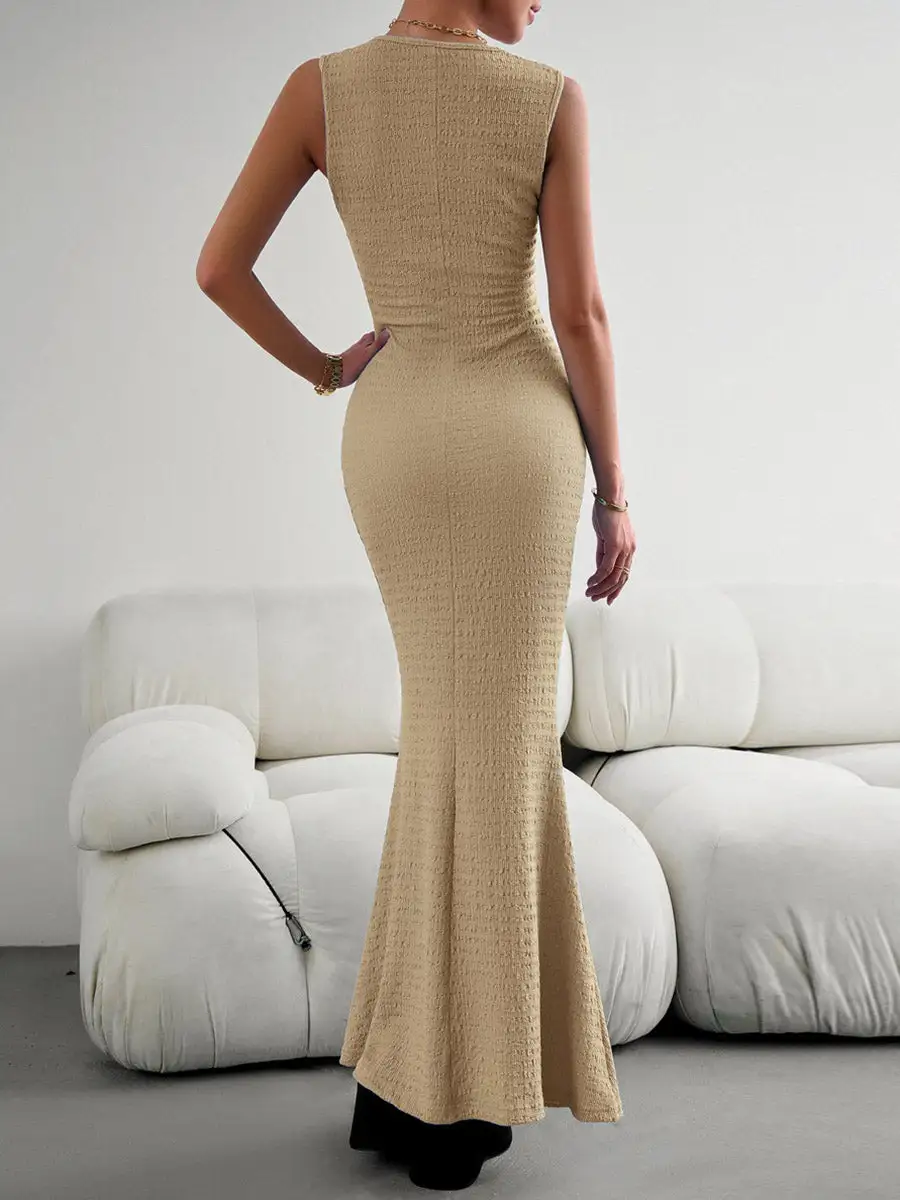 Split Pleated Sleeveless Neck Maxi Dress