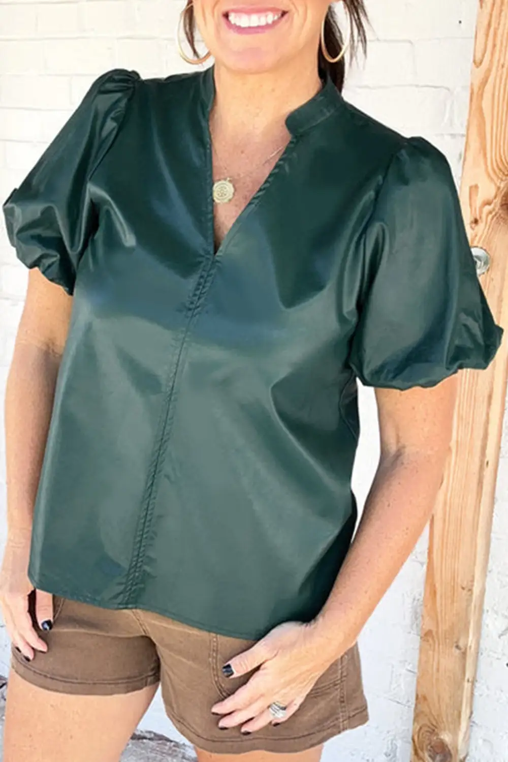 V-Neck Notched Neck Puff Sleeve Blouse