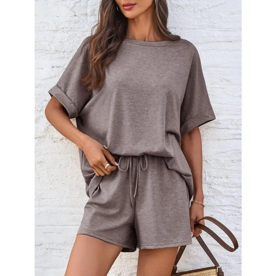 Round Neck T Shirt and Drawstring Shorts Set