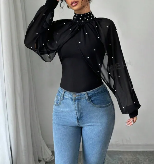 Women's Stand-Collar Pearls Beaded Button Long-Sleeve Blouse