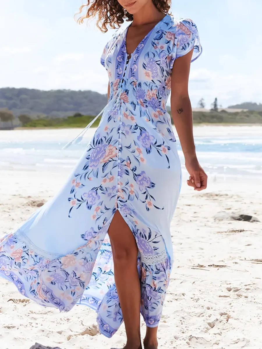 V-neck short sleeve Bohemian holiday floral slit dress