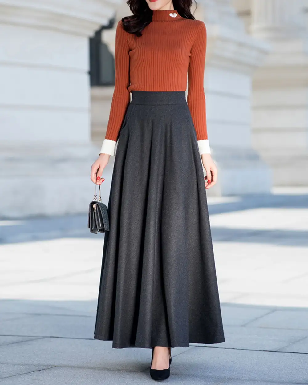 Relaxed Pocketed Wool Maxi Skirt