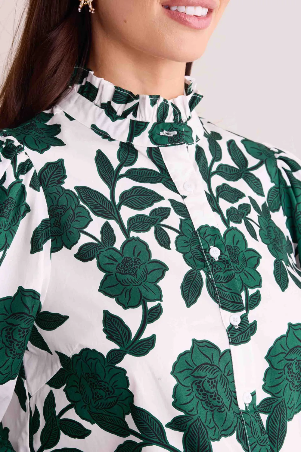 Green Floral Print Stand Collar Button-Front Shirt