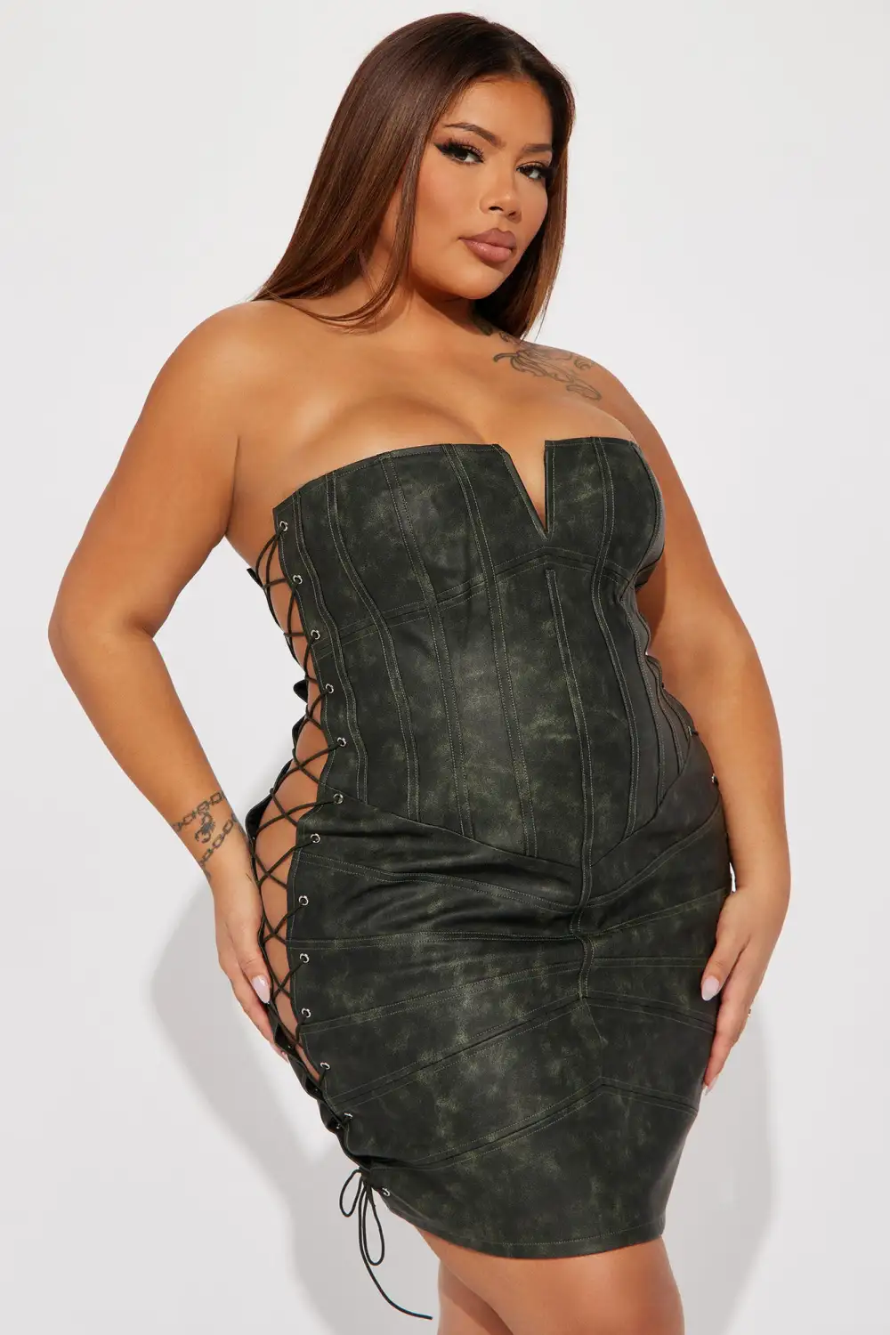 Lilah Faux Leather Mini Dress - Olive