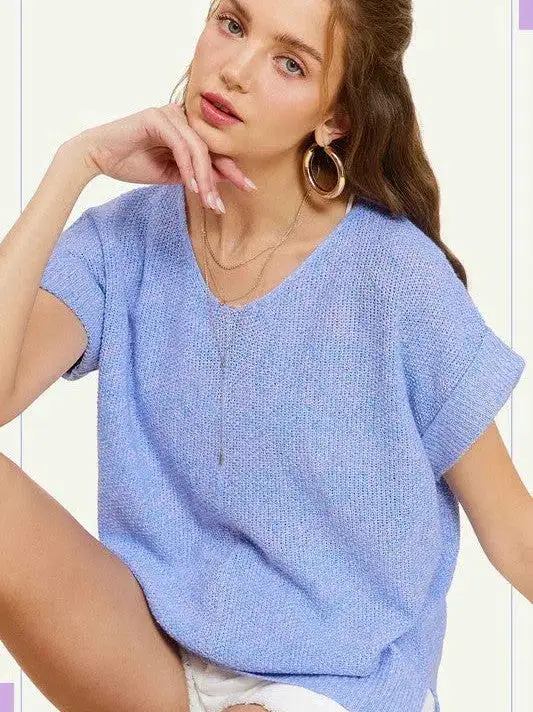 Classy and Fabulous Soft V-Neck Short Sleeve Sweater Top