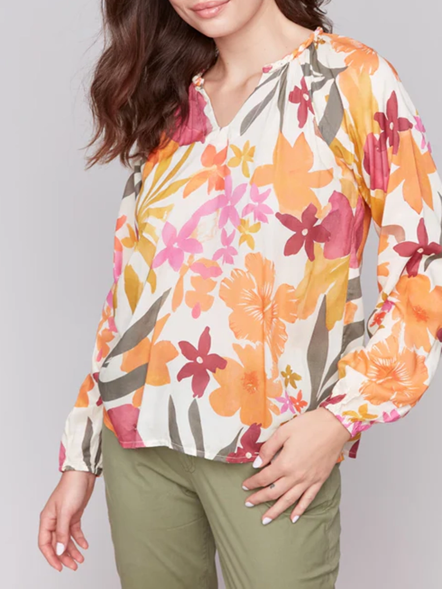 Artistic Floral All-Match V-Neck Long-Sleeved Top
