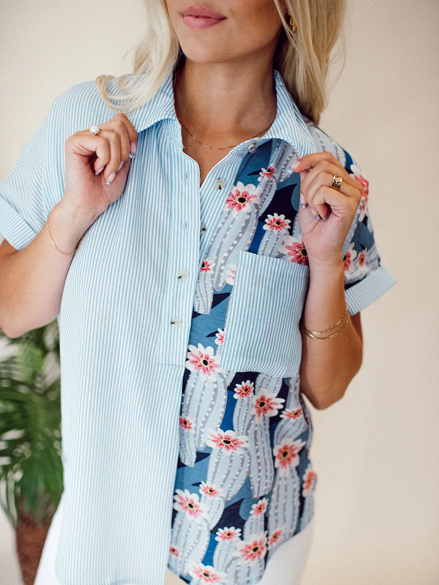 Striped patchwork floral pattern pocket shirt