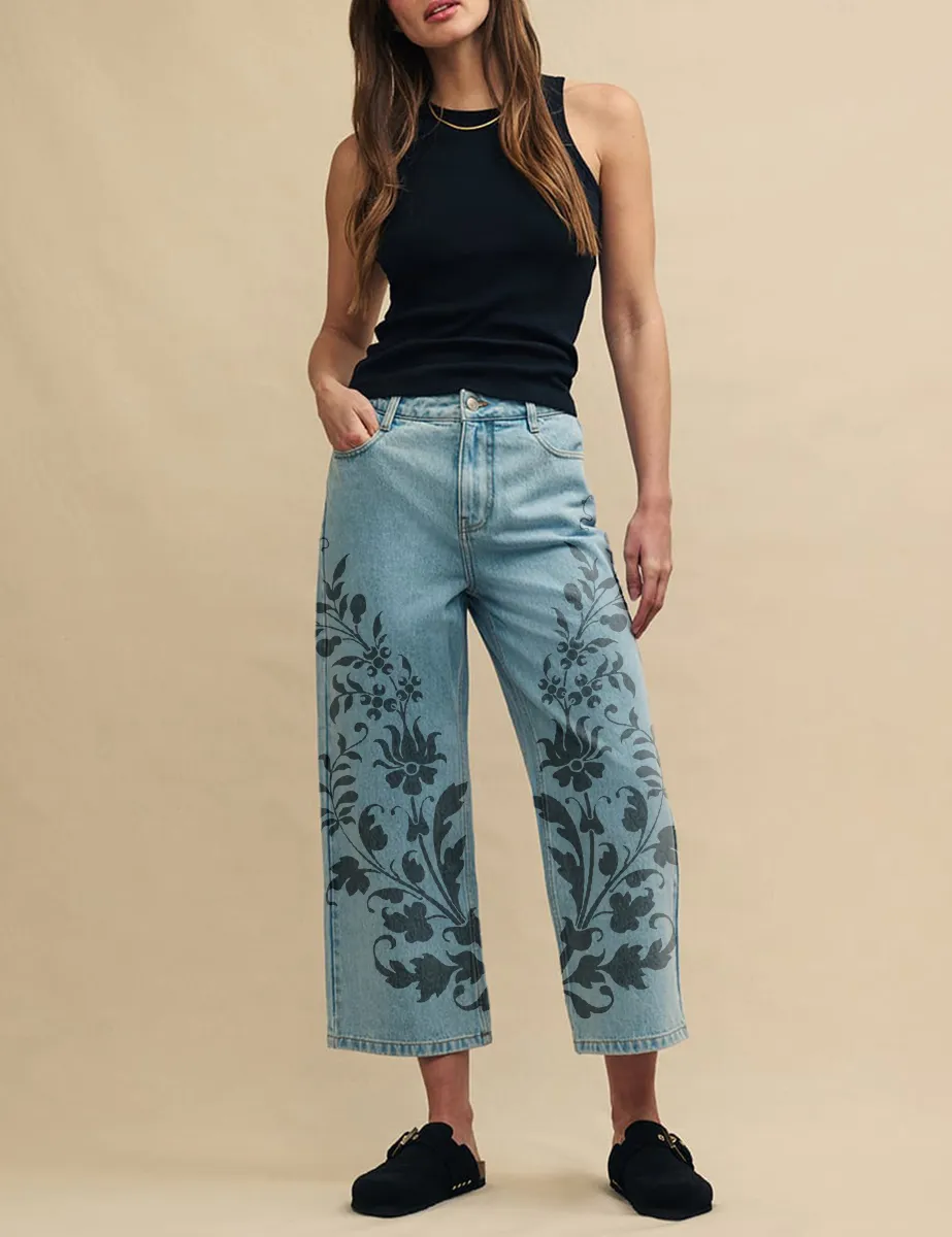 Blue Light Wash Cropped Denim High Rise Wide Leg Jeans