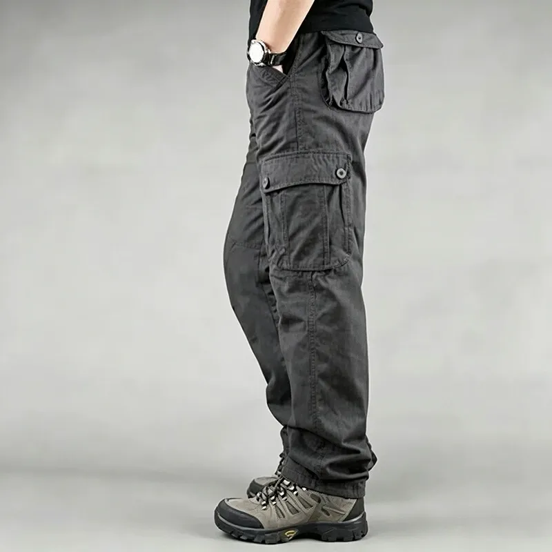 Men’s Cargo Pants - Khaki, Dark Gray & Black, Casual Basic, Mid Waist, Plain, Polyester, Multi-Pocket, Loose Fit, Durable, Long Pants for Daily Outings