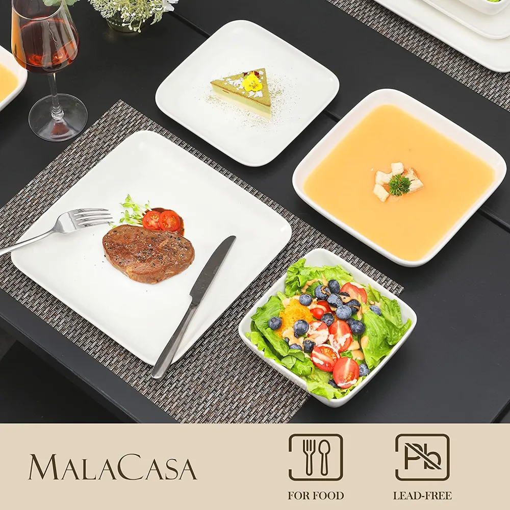 MALACASA Dishes Set for 12, Marble Grey Square Dinnerware Sets, 48 Piece Porcelain Plates and Bowls Sets with Dinner Plates, Dessert Plates, Soup Plates and Cereal Bowls, Series IVY