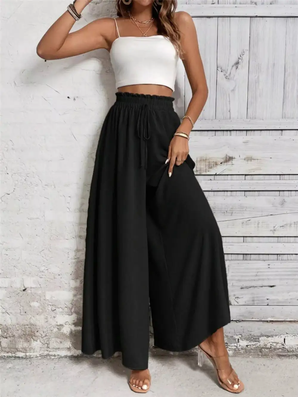 Wide Leg Drawstring Waist Casual Pants
