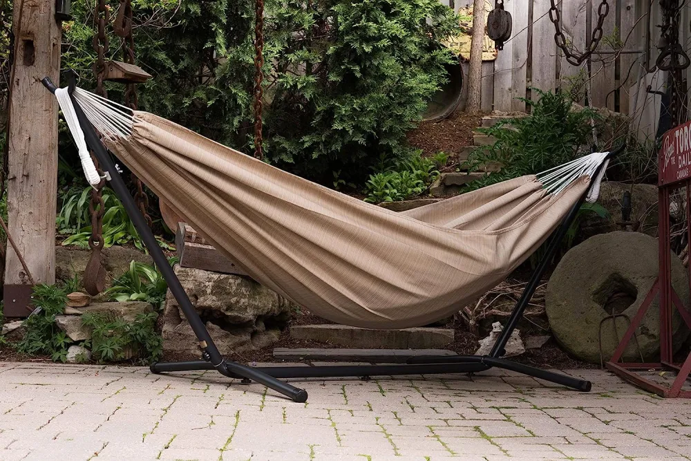 Double Cotton Hammock with Space Saving Steel Stand, Tropical (450 lb Capacity - Premium Carry Bag Included)