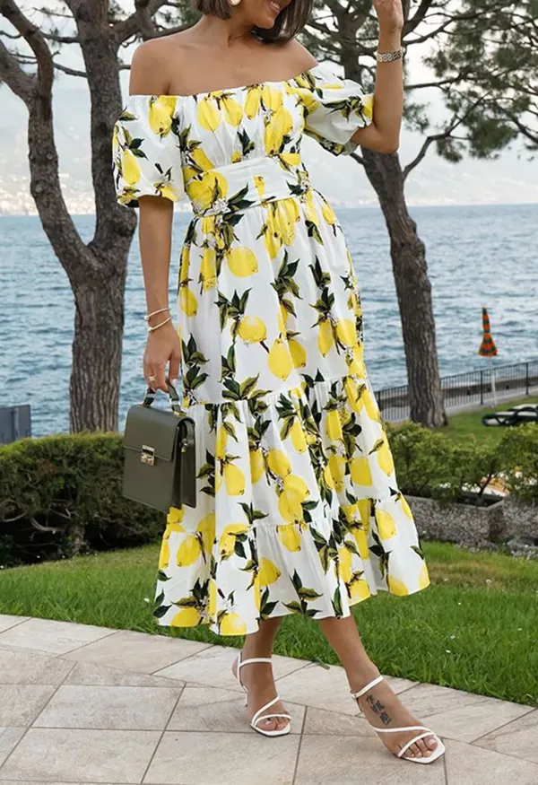 OFF-SHOULDER BOWKNOT CROP TOP AND FLARE SKIRT SET IN LEMON PRINT