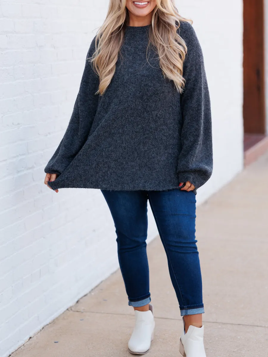 Dark Gray Lantern Sleeved Loose Knit Sweater