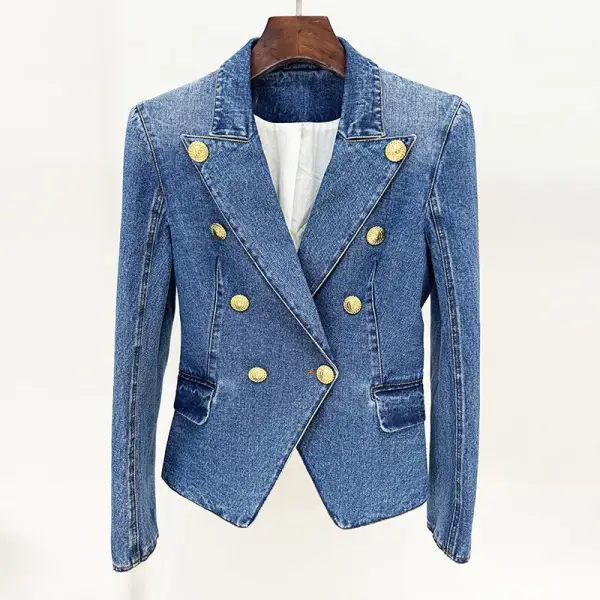 Peaked Lapel Double-breast Denim Blazer