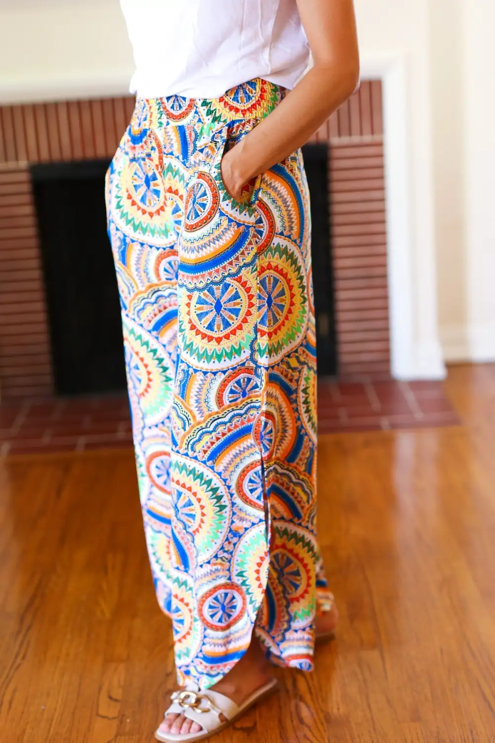 Mandala Smocked Waist Side Slit Palazzo Pants