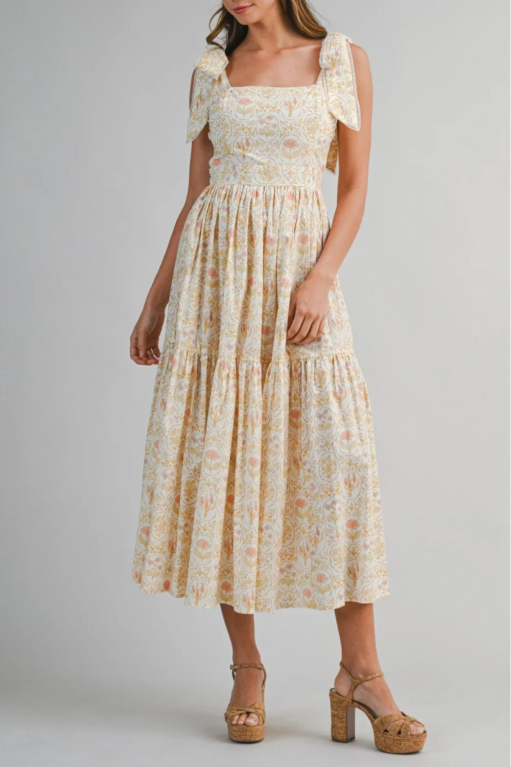 Tie Shoulder Tiered Lace Trim Midi Dress