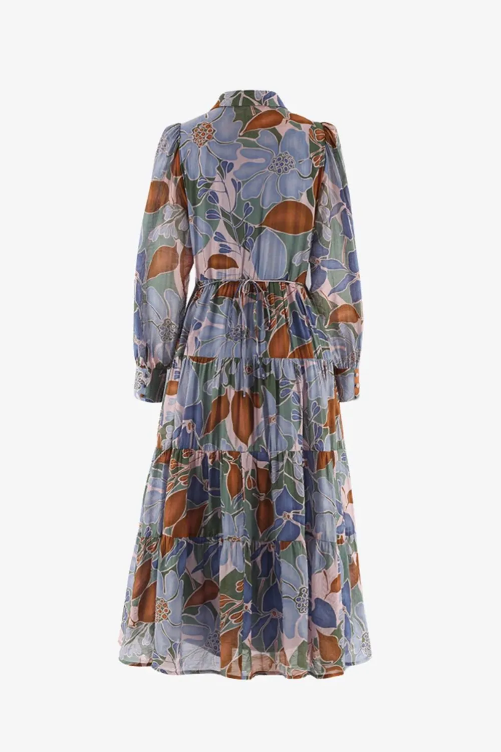 Khaki Floral Long - Sleeve Tiered Dress