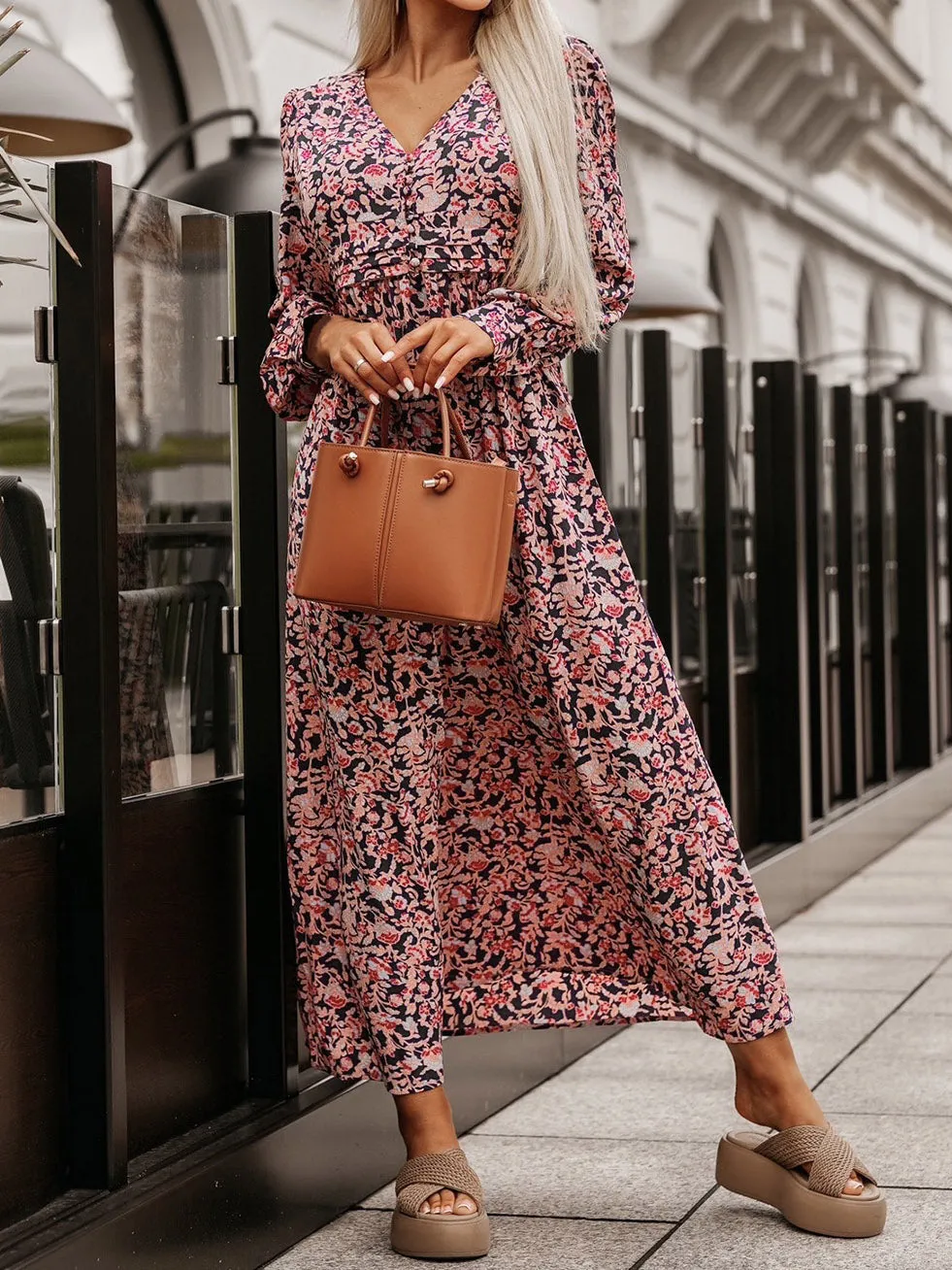 Printed V-Neck Long Sleeve Maxi Dress