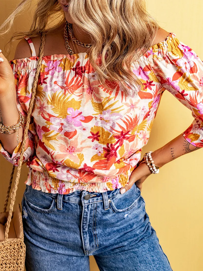 FLORAL KNOT PLEATED SHIRRED OFF THE SHOULDER SHEATH CASUAL BLOUSE